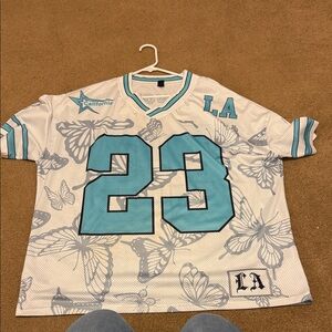 SHEIN White and Blue Butterfly Jersey Top